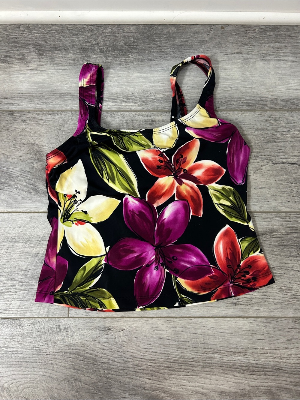 Floral Tankini Top in Black with Purple & Red Blooms